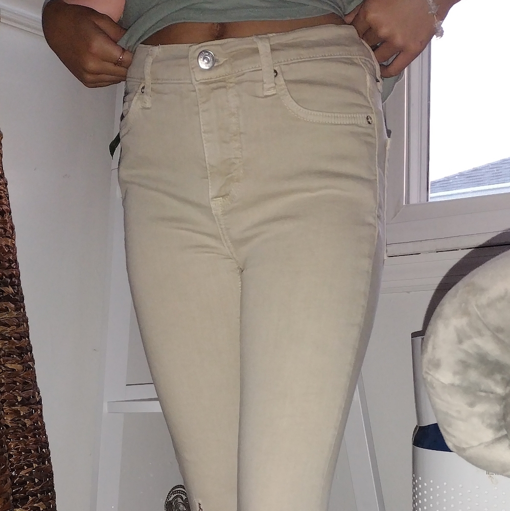 Free people khaki tan light stretchy jeans distressed holes w 25r - Picture 2 of 6